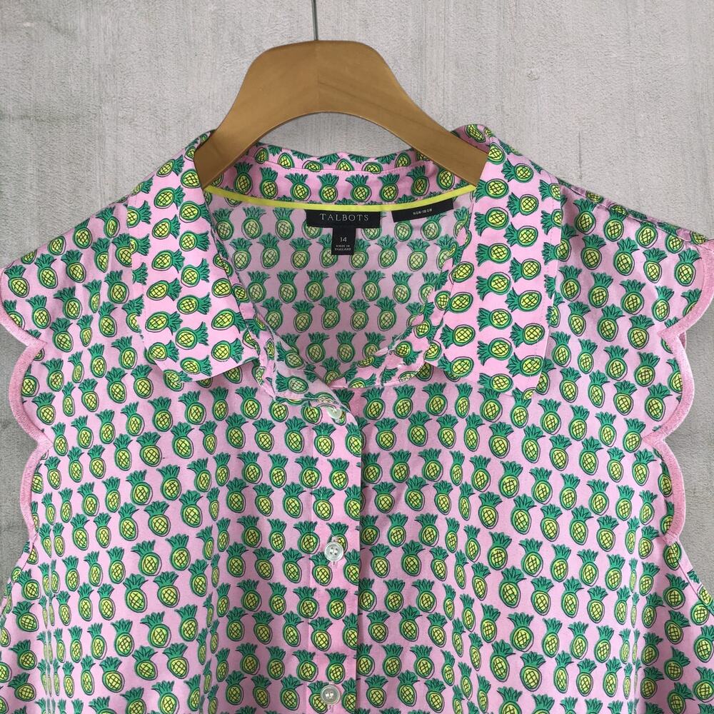 Talbots Non-Iron Sleeveless Shirt Pink Pineapple Scalloped Trim Blouse Size 14